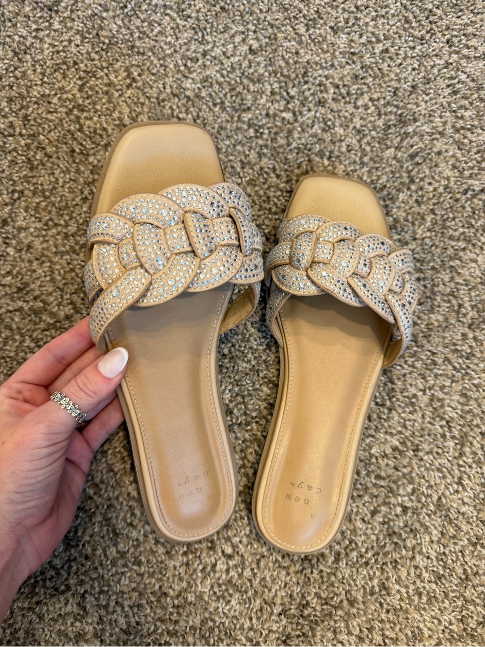 A New Day - Rhinestone Braided Slide Sandals - Beige